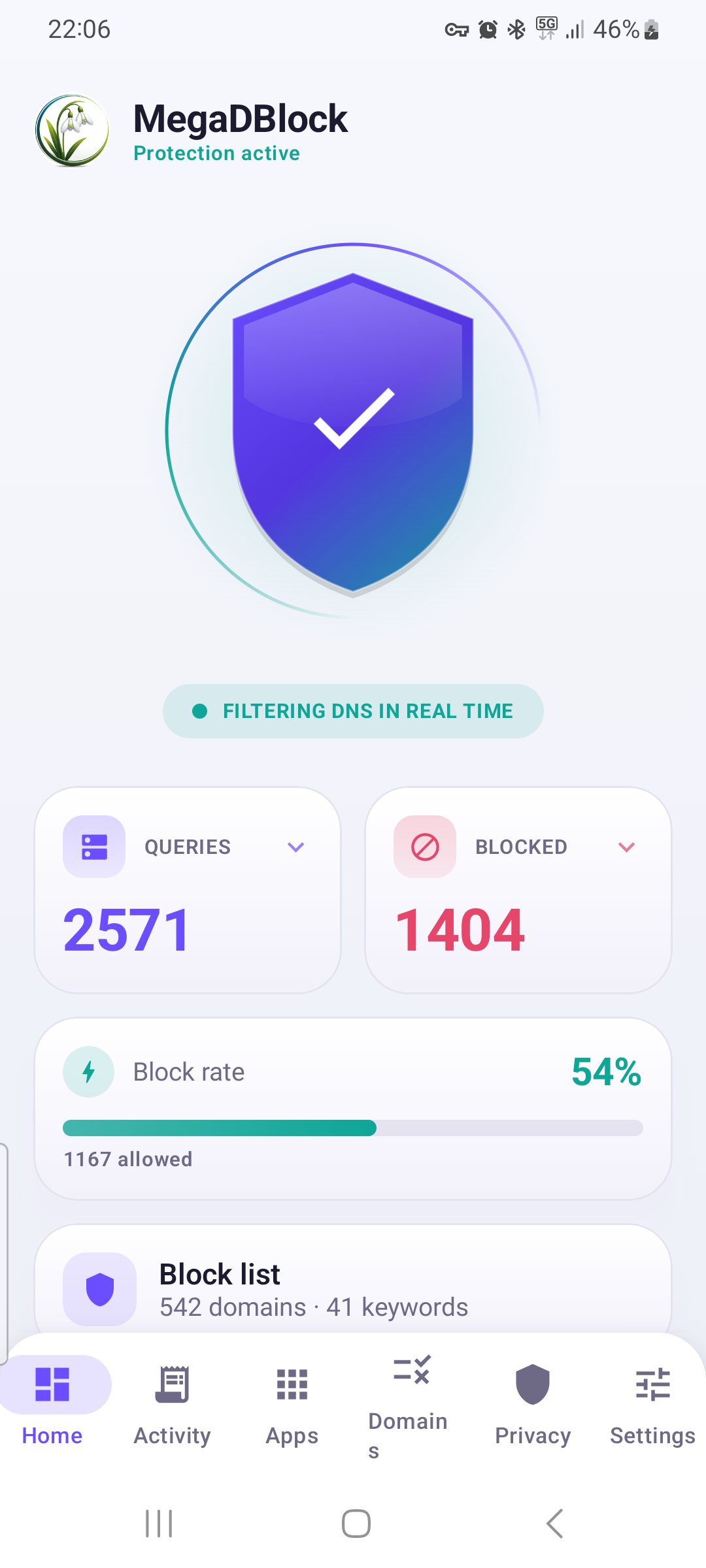 MegaDBlock main dashboard with DNS protection active, 2571 queries and 1404 blocked