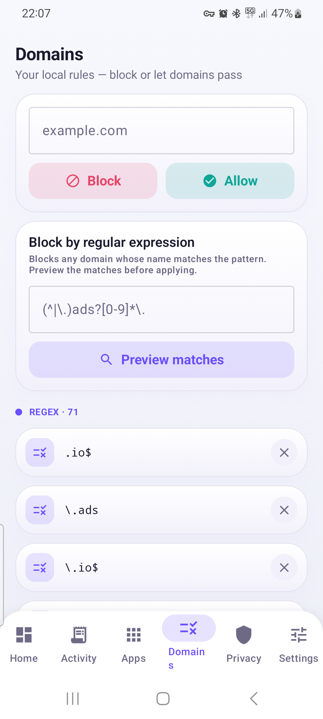 Local rules: block, allow and block by regular expression