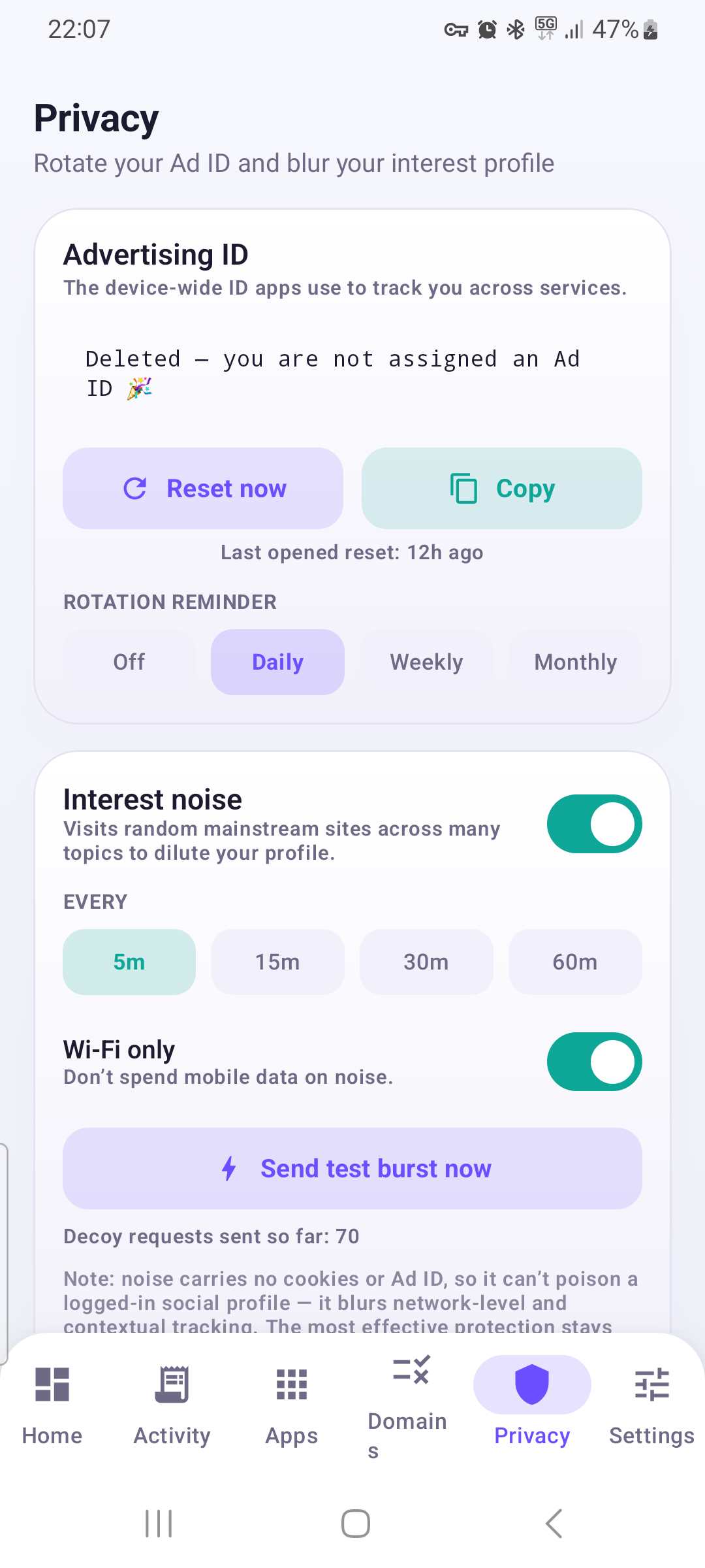 Privacy assistant with Ad ID rotation and interest noise