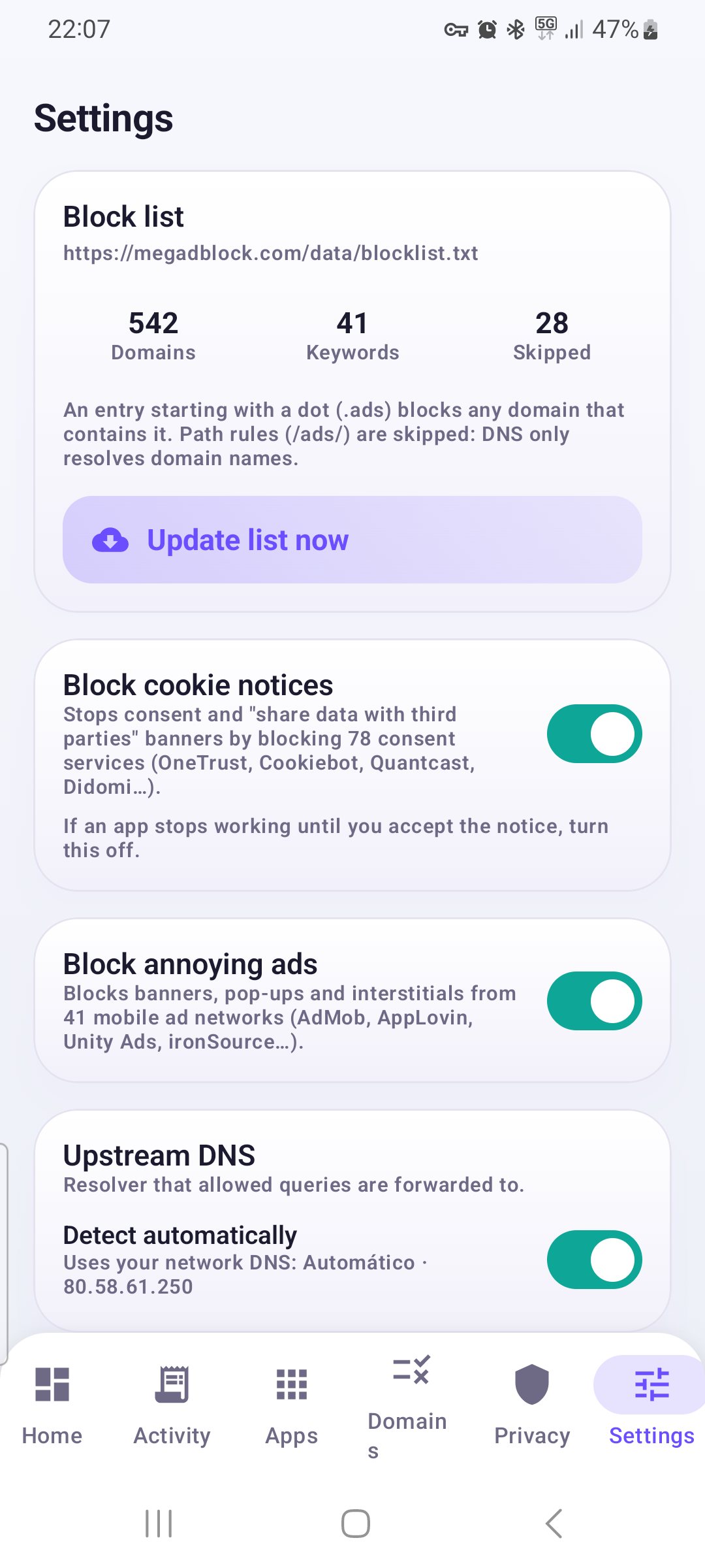 Settings with the megadblock.com block-list URL and cookie and ad toggles